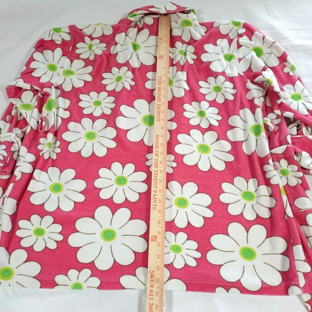 Aegean Apparel Terrycloth robe Pink White Daisy M No belt vtg retro hippie